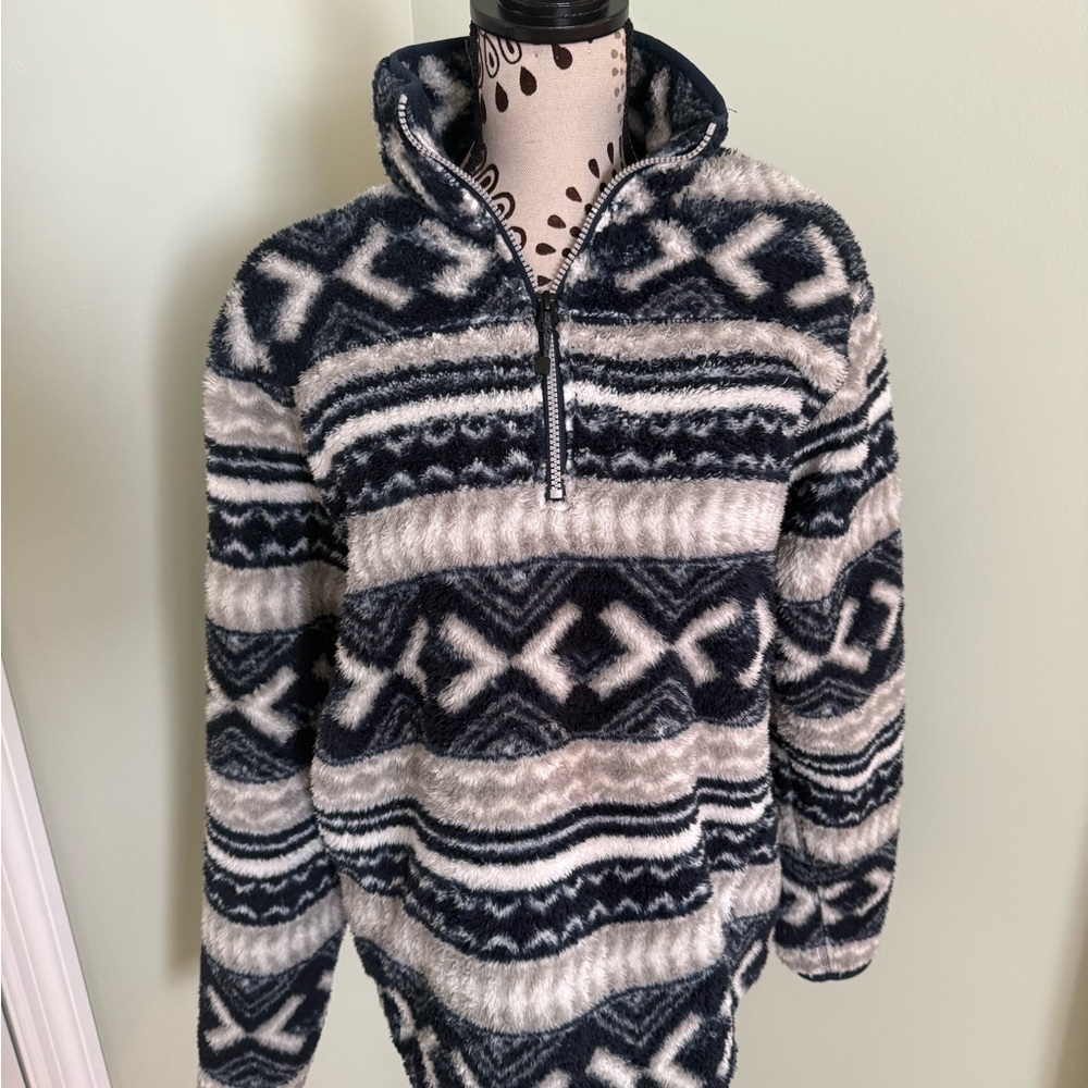 Eddie Bauer Men's Navy and White Geometric Zip-Up Sweater Size Medium